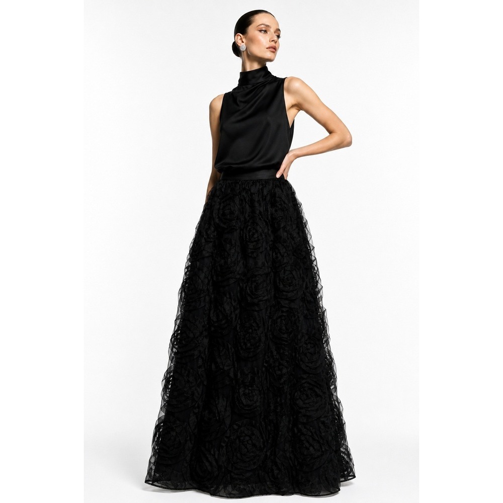 Aidan Mattox Black 3D Rosette Floral Maxi Skirt Formal Evening Gown Size 6